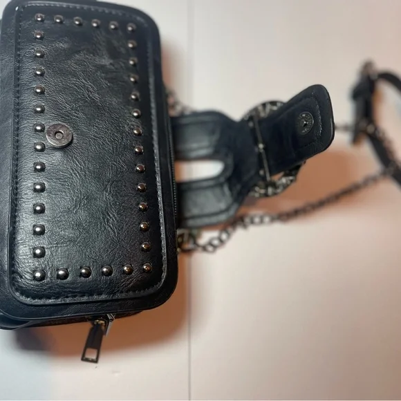 Black Studded Festival Crossbody Bag - Rhinestone Buckle Wallet Clutch - Picture 4 of 9